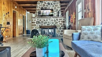 TV connectée, cheminée, livres