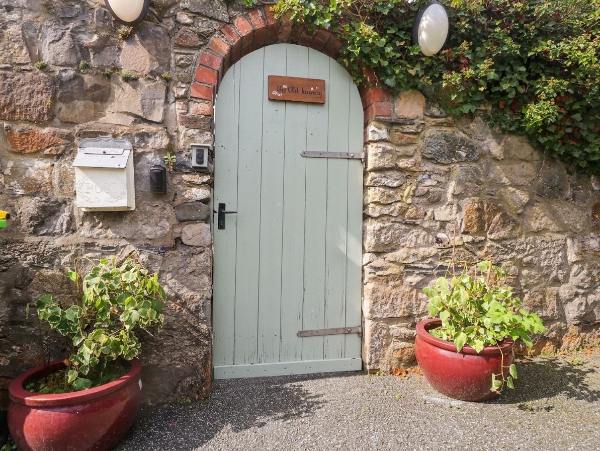 A stone wall with a wooden door, a mailbox, and two potted plants.