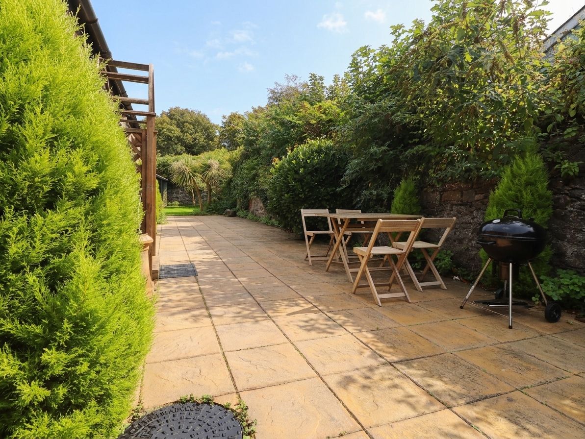 Een terras met een stenen vloer, houten stoelen, een barbecue en een houten pergola.