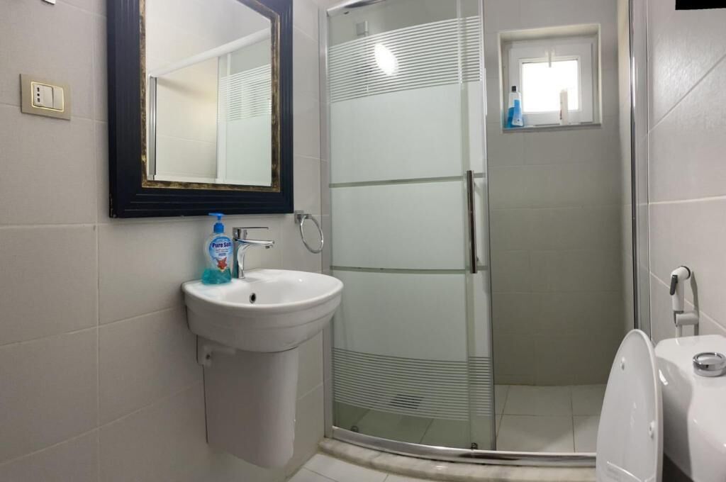 A bathroom with a glass-enclosed shower, a sink, a mirror, and a toilet.