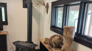 A cozy room with a wood-burning stove, a mounted deer head, and a window with a view of greenery. - Bear Creek Lodge (Dorchester)