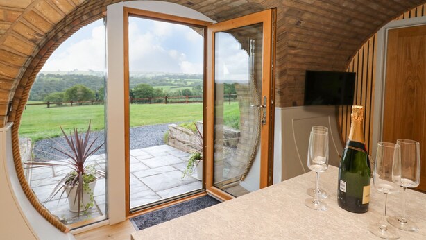 A room with a large arched window offering a view of a green landscape. There is a bar area with a bottle of champagne and glasses. - Tan Y Wawr - Derwen (Welshpool)