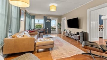 TV connectée, cheminée, livres