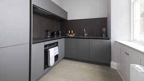 A modern kitchen with grey cabinets, a built-in oven, and a window providing natural light. - JOIVY Statement Studio On Historic George Street (Edinburgh)