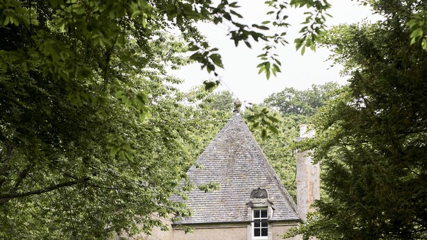 A house with a steeply pitched roof, surrounded by dense greenery and a gravel path leading to it.
