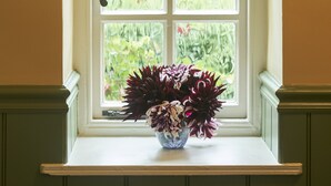 A window with a white frame and a flower arrangement on the sill.