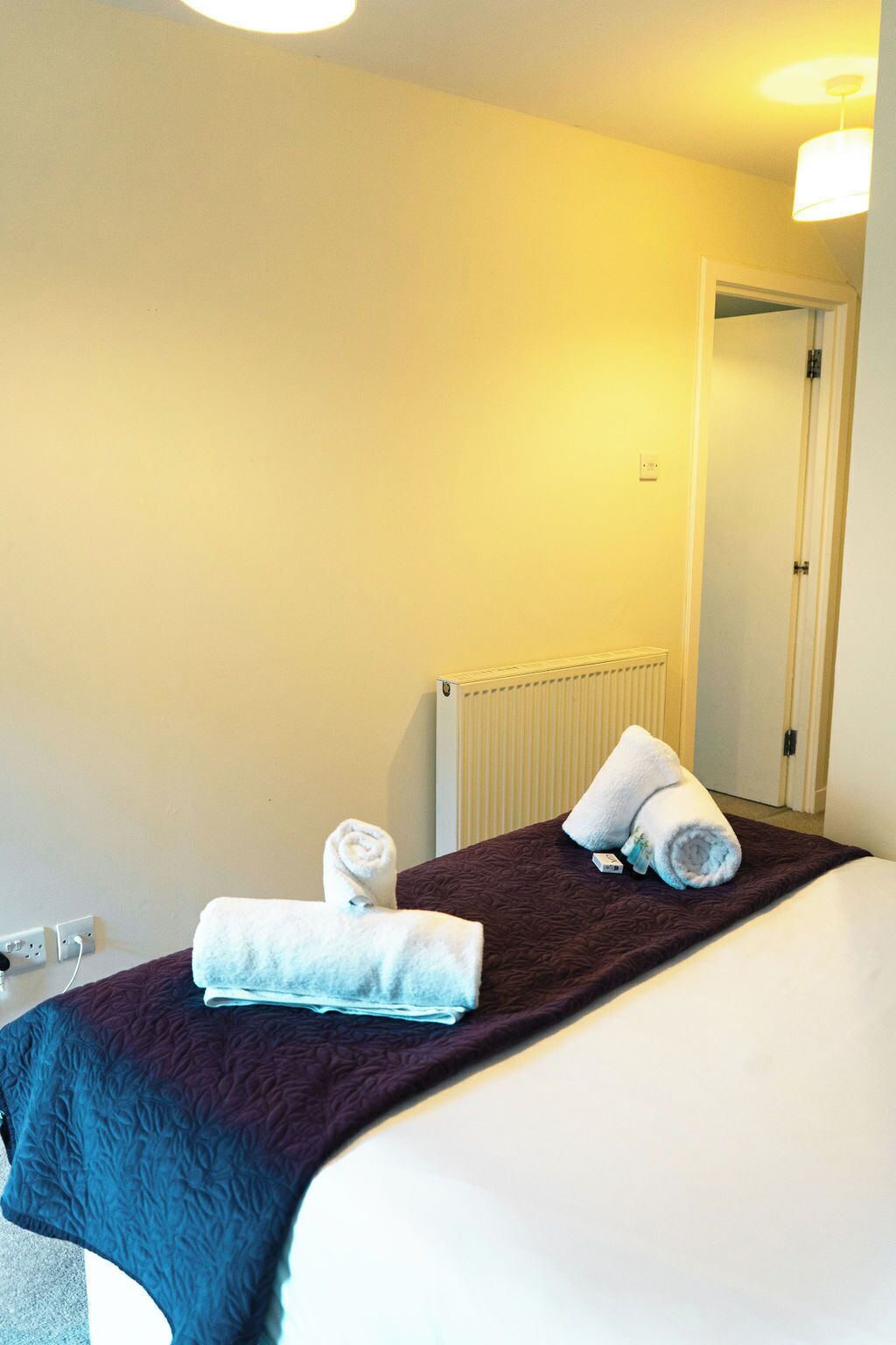 Una habitación de hotel con cama, radiador y puerta.