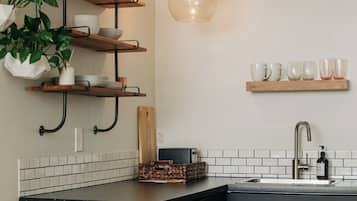 Fridge, microwave, coffee/tea maker, toaster