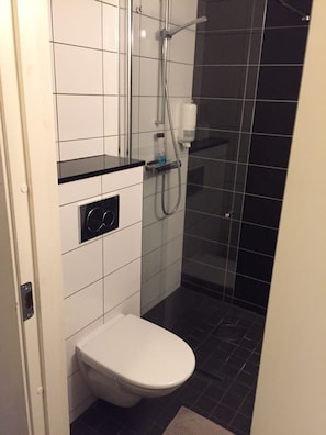 Bathroom features a toilet, shower with glass door, and dark tile flooring.