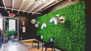 Un interior moderno con una pared verde, dos sillas negras y una lámpara en el techo.