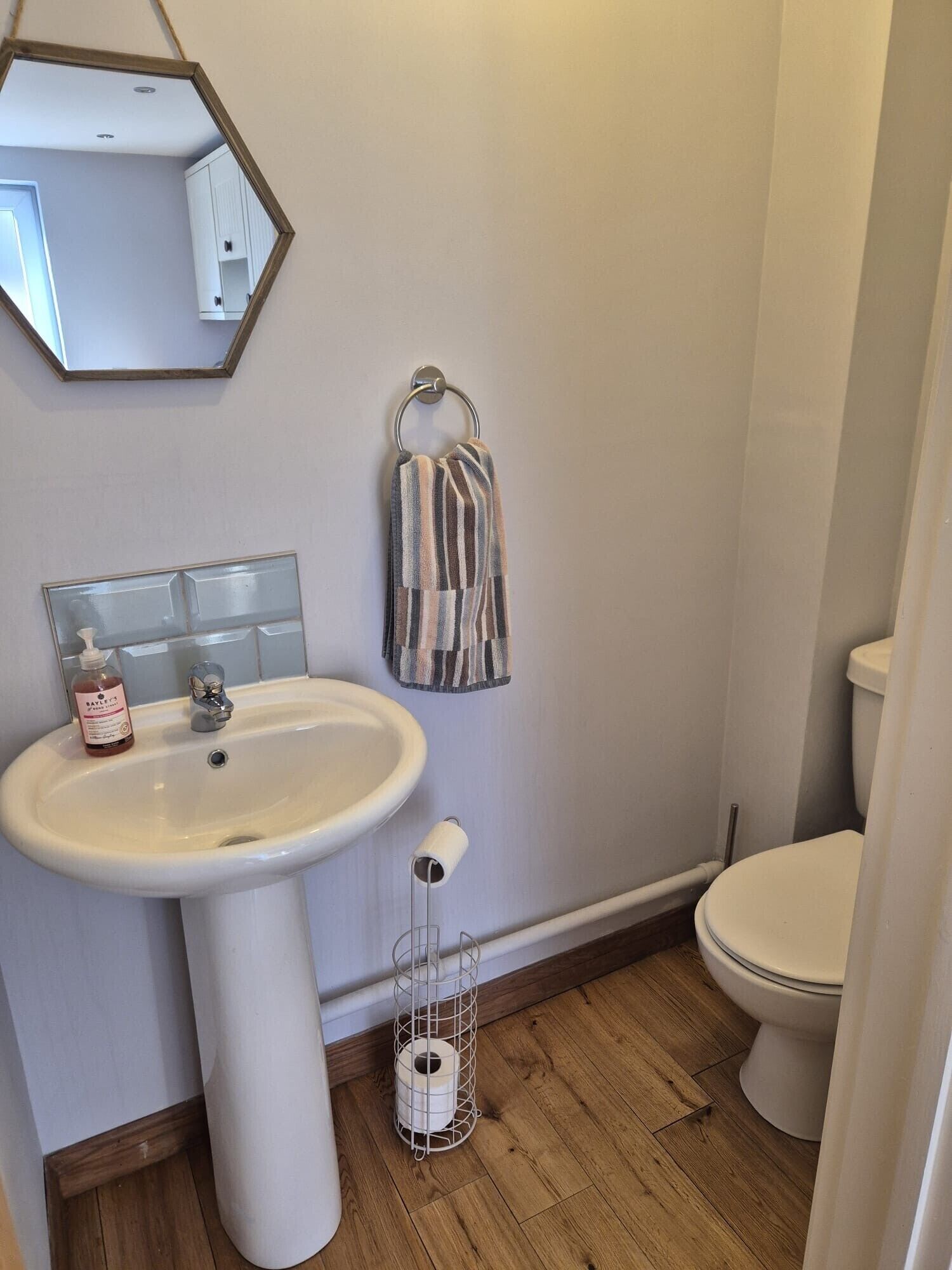 A bathroom with a pedestal sink, a toilet, a mirror, and a towel rack.