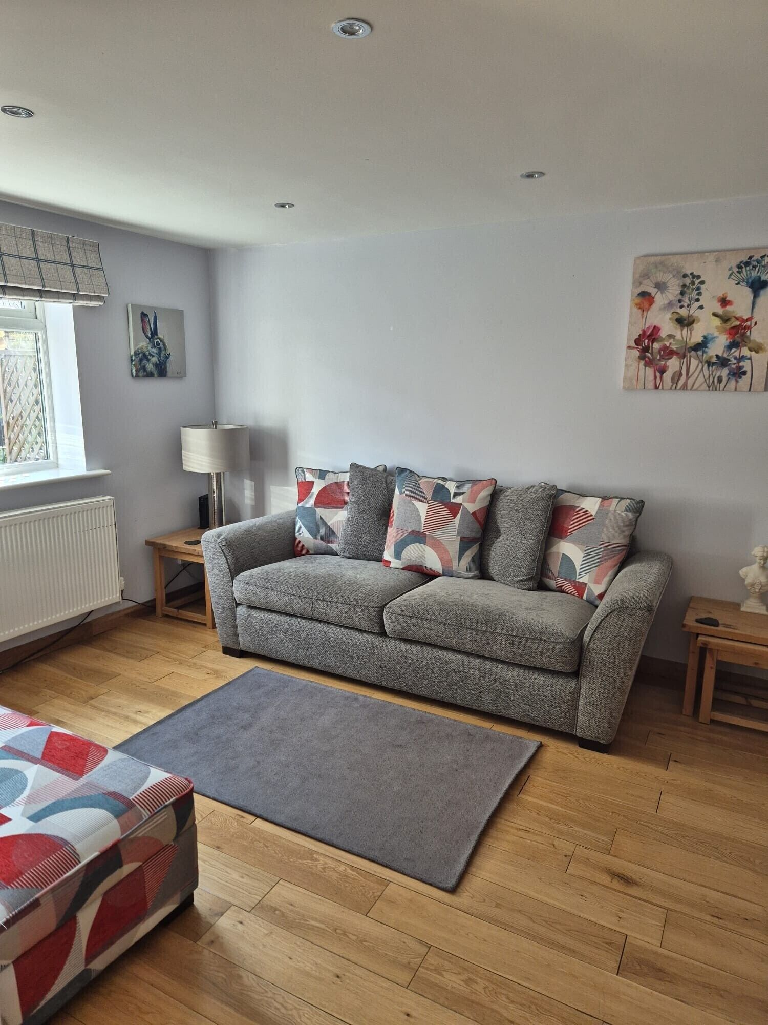 A living room with a grey sofa, patterned cushions, a grey rug, a wooden floor, a table lamp, and a window with blinds.