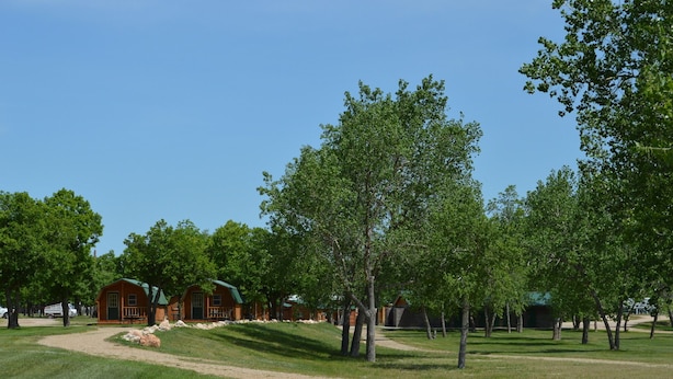Un camping con varias cabañas de madera, un sendero de tierra y árboles circundantes.