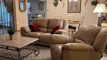 Smart TV, fireplace, books, computer monitors