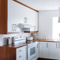 Appartement de deux chambres à coucher + divan-lit | Private kitchen | Full-size fridge, microwave, oven, coffee/tea maker