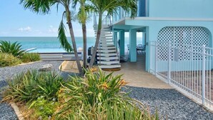 Une maison moderne avec une piscine, des palmiers et une vue sur l’océan.