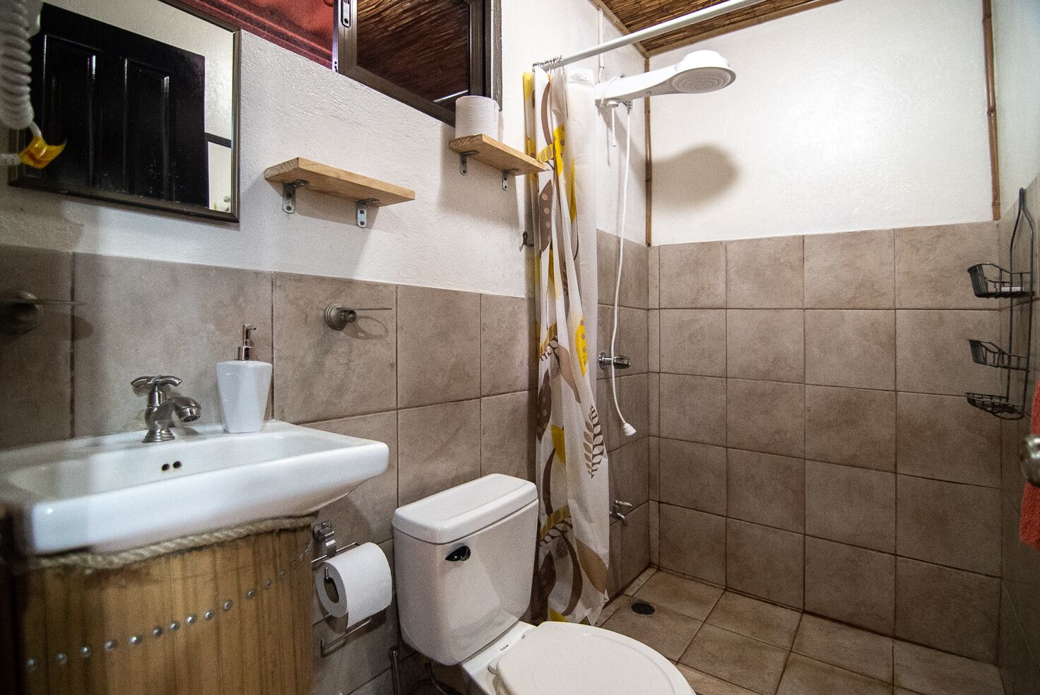 Une salle de bain avec un lavabo, des toilettes et une douche.