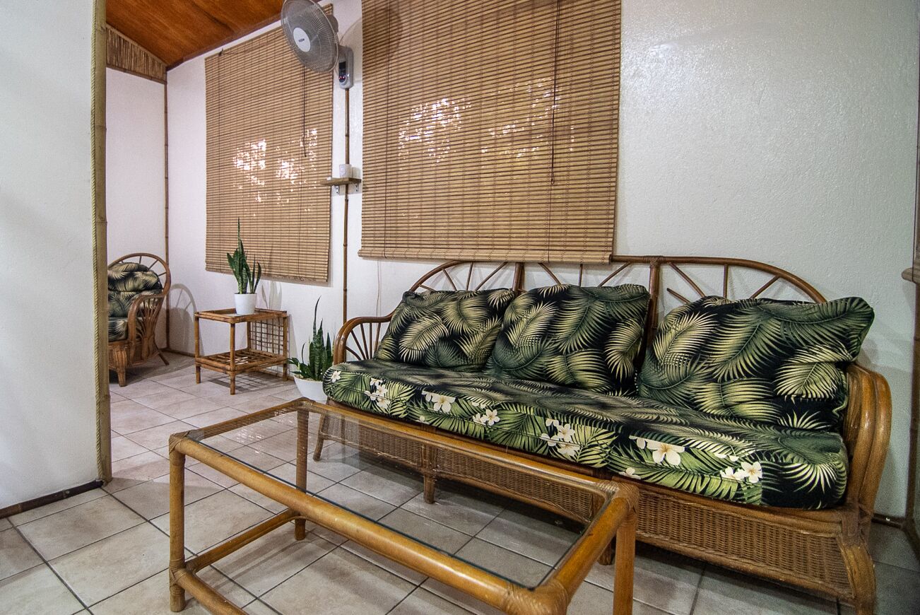 A room with a wicker sofa, a glass coffee table, and a potted plant.