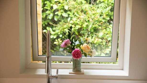Ein Fenster mit Blick auf Grünflächen, ein Metall-Wasserhahn und eine Vase mit Blumen.