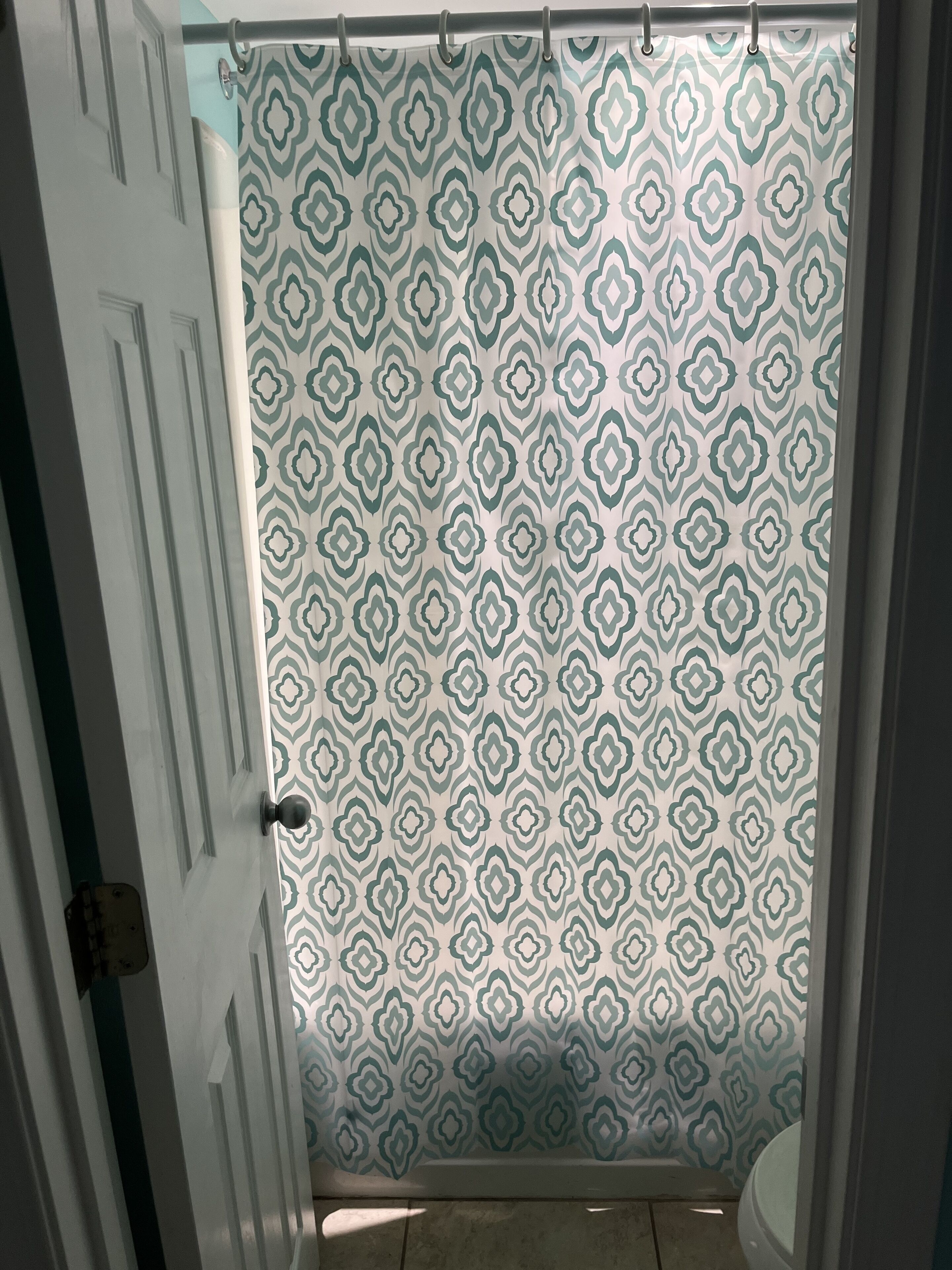 Un baño con cortina de ducha estampada, inodoro y puerta con manija.