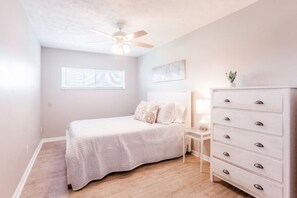 3 bedrooms, memory foam beds, desk, iron/ironing board