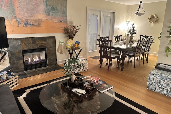 All ready for Christmas - upper level living area plus dining set and kitchen.