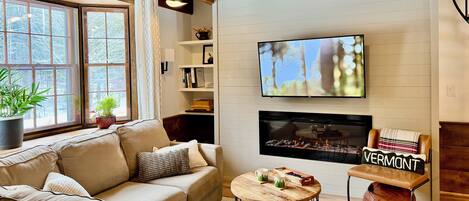 Smart TV, fireplace, books