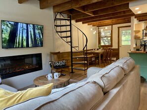 TV connectée, cheminée, livres