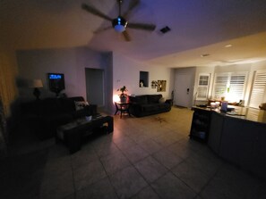 Smart TV, fireplace, books, music library