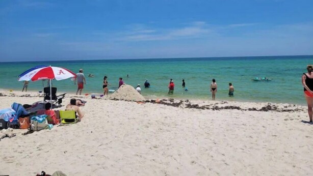A beach with people sunbathing and swimming. There are beach chairs and umbrellas.