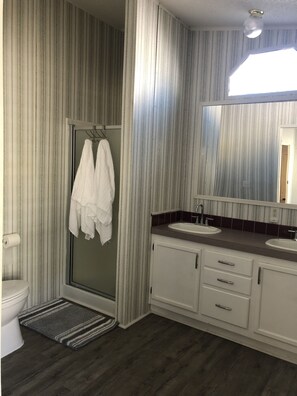 Combined shower/tub, hair dryer, towels, soap