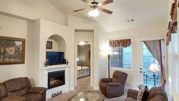 Smart TV, fireplace, DVD player, books