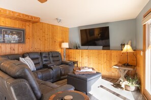 Televisión, chimenea, reproductor de DVD y libros 