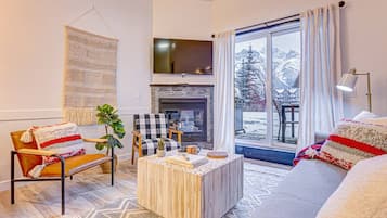 Smart TV, fireplace, books, offices