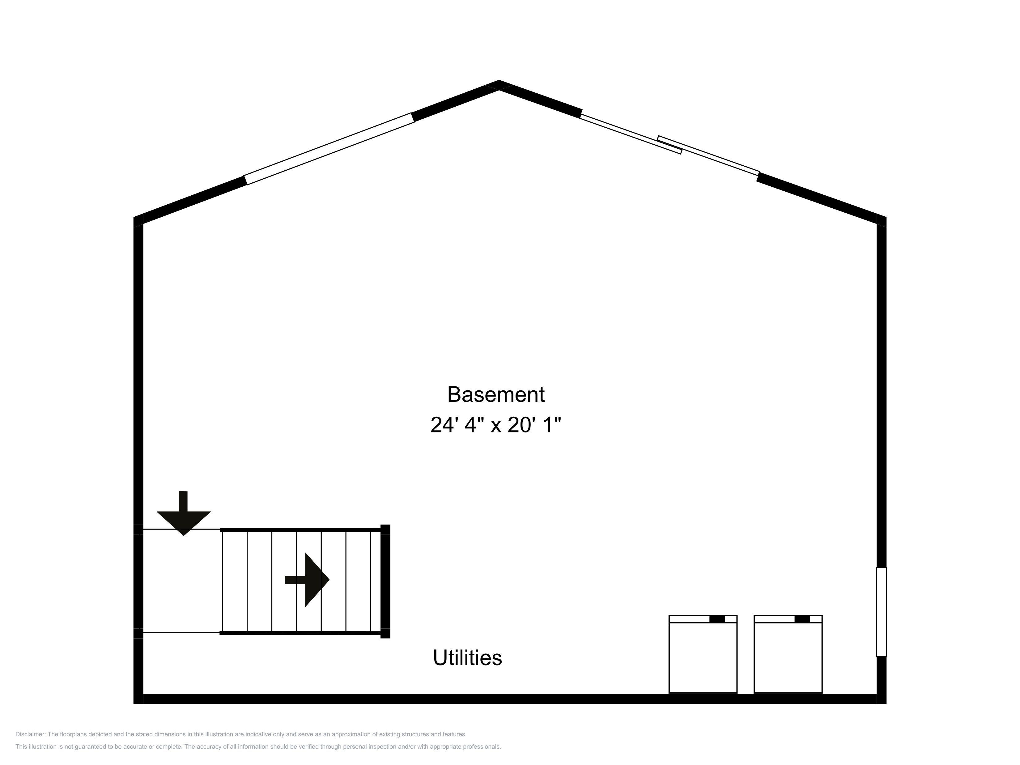 Plà simplificat de plànols d'un edifici amb un soterrani etiquetat que mesura 7,4 metres per 6,1 metres, i una zona de serveis.