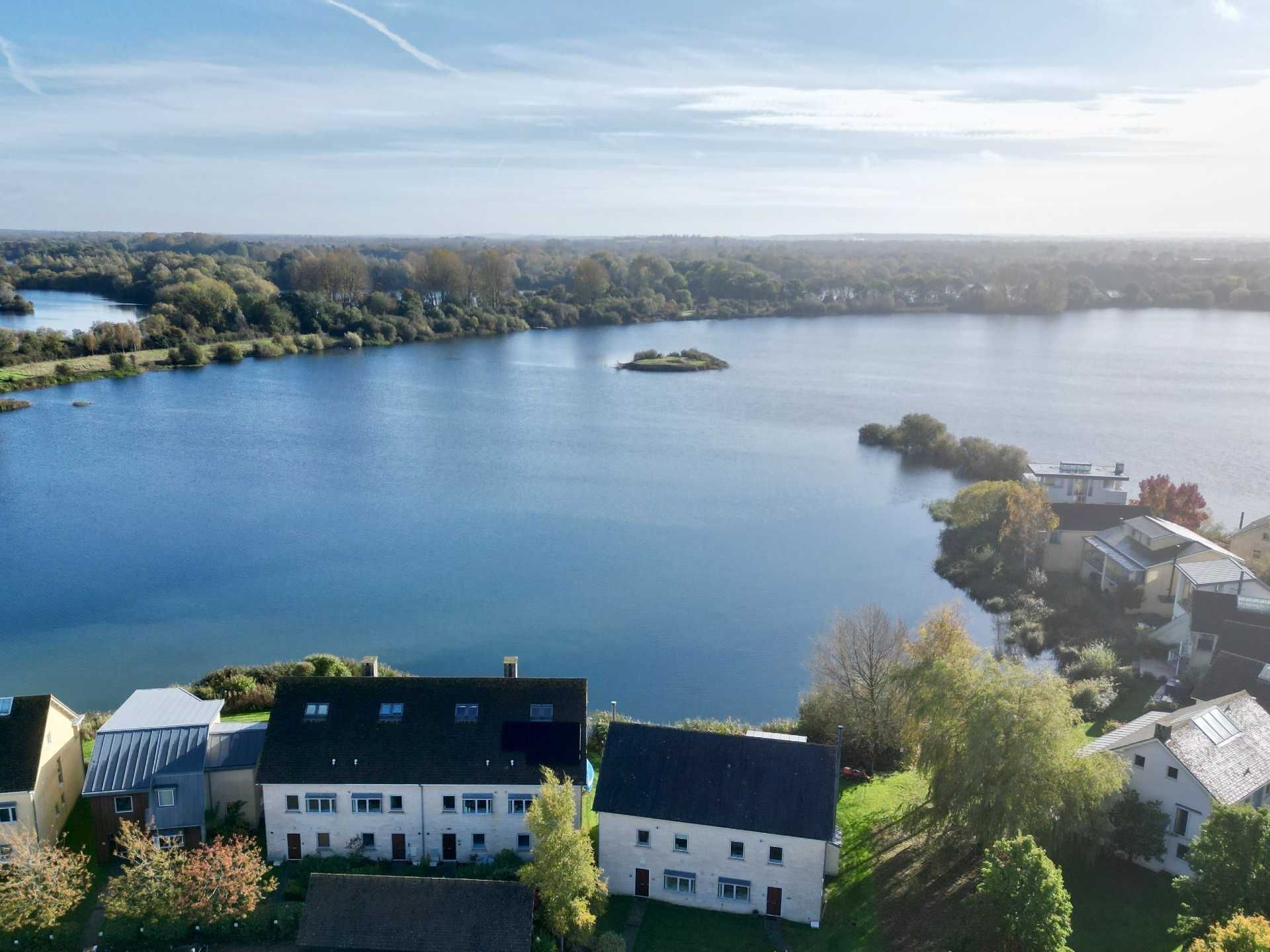 A residential area with houses near a lake, featuring a mix of modern and traditional architecture.