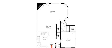 Plano de planta que muestra una sala de estar, comedor, cocina, dormitorio y baño.