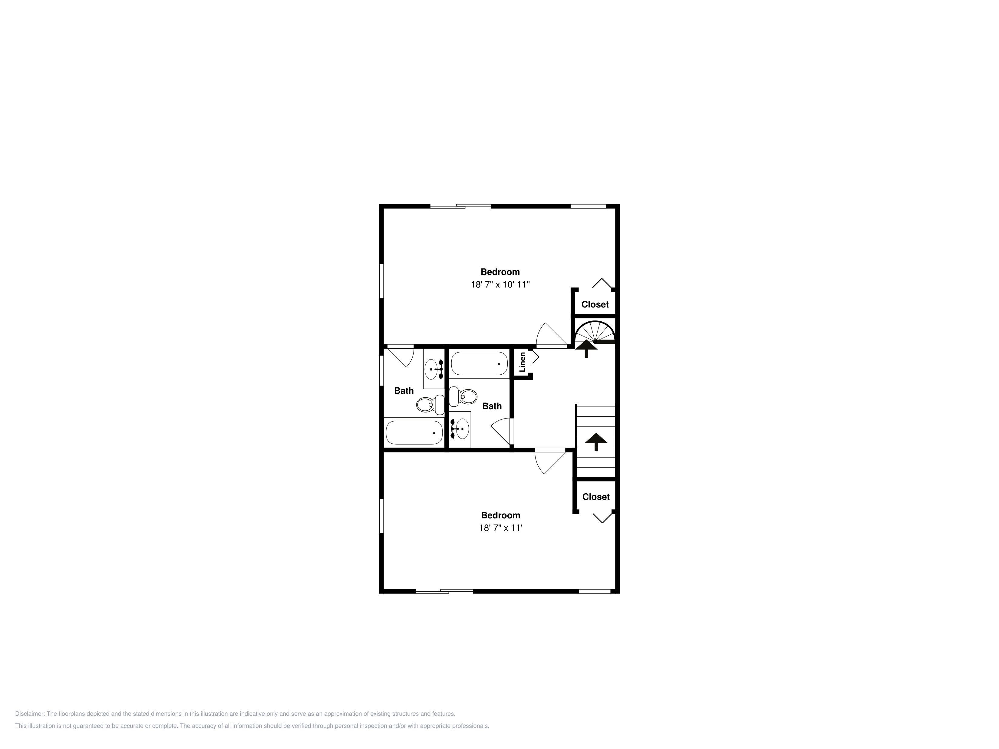 A floor plan with two bedrooms, two bathrooms, a linen room, and a closet.
