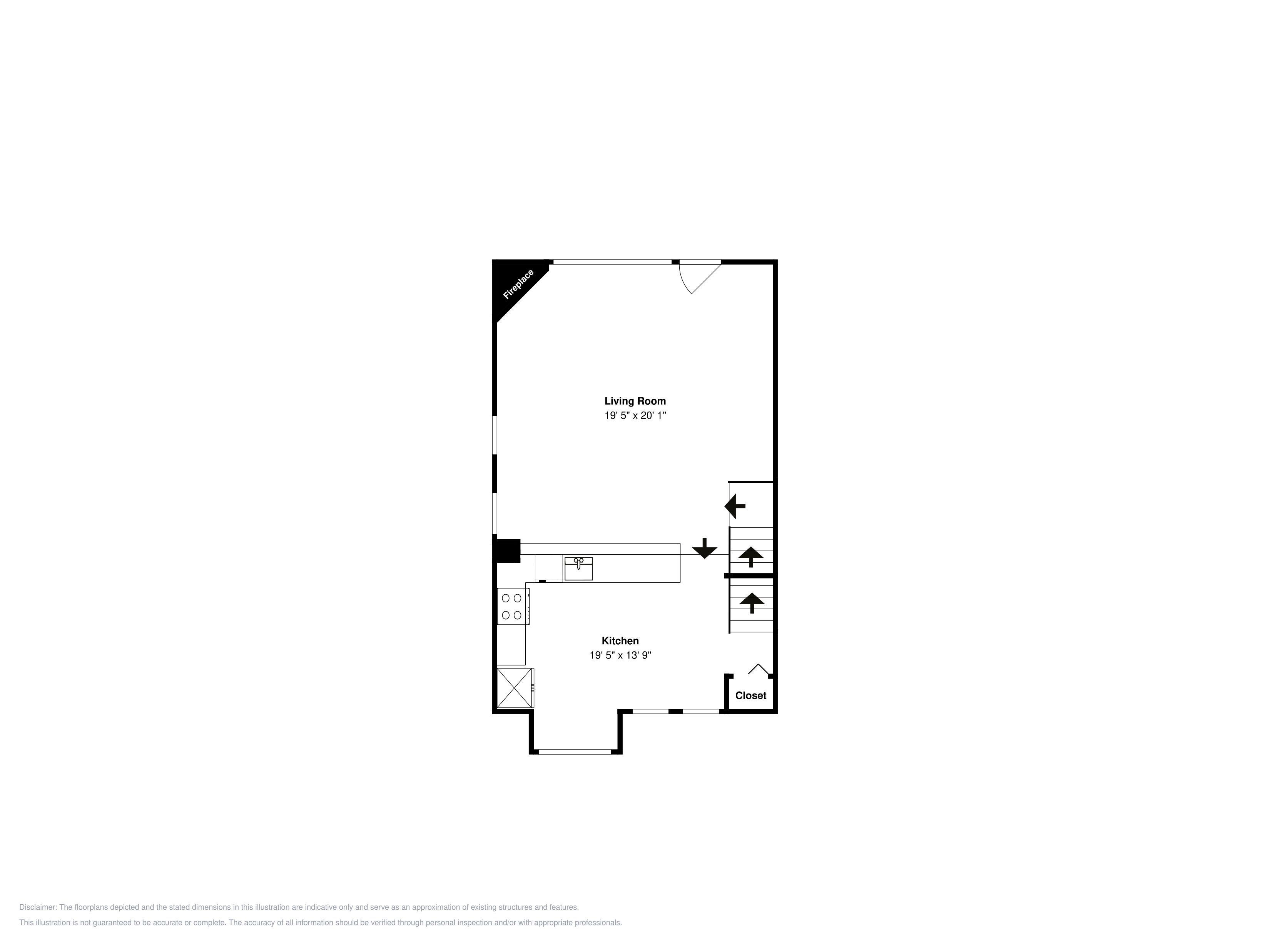 A floor plan of a living room and kitchen area, with dimensions 19' 5' x 20' 1' for the living room and 19' 5' x 13' 9' for the kitchen.