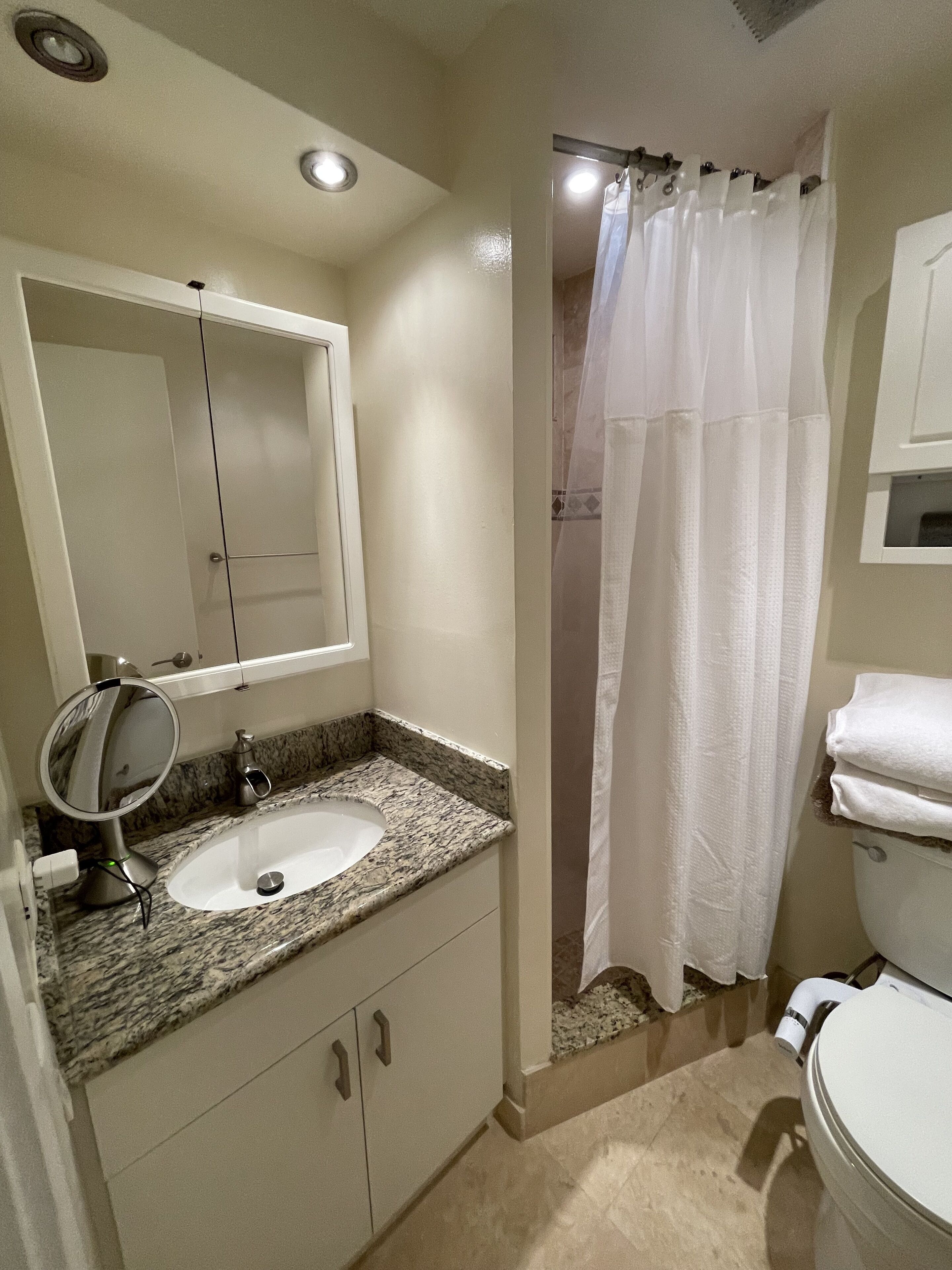 Combined shower/tub, hair dryer, bidet, towels