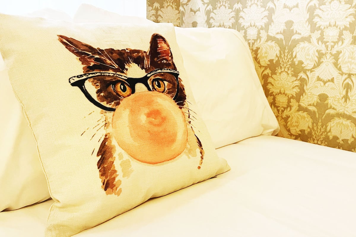 A pillow with a cat illustration on a white sofa.