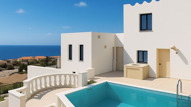 Un edificio moderno con piscina, balcón y vistas al mar.