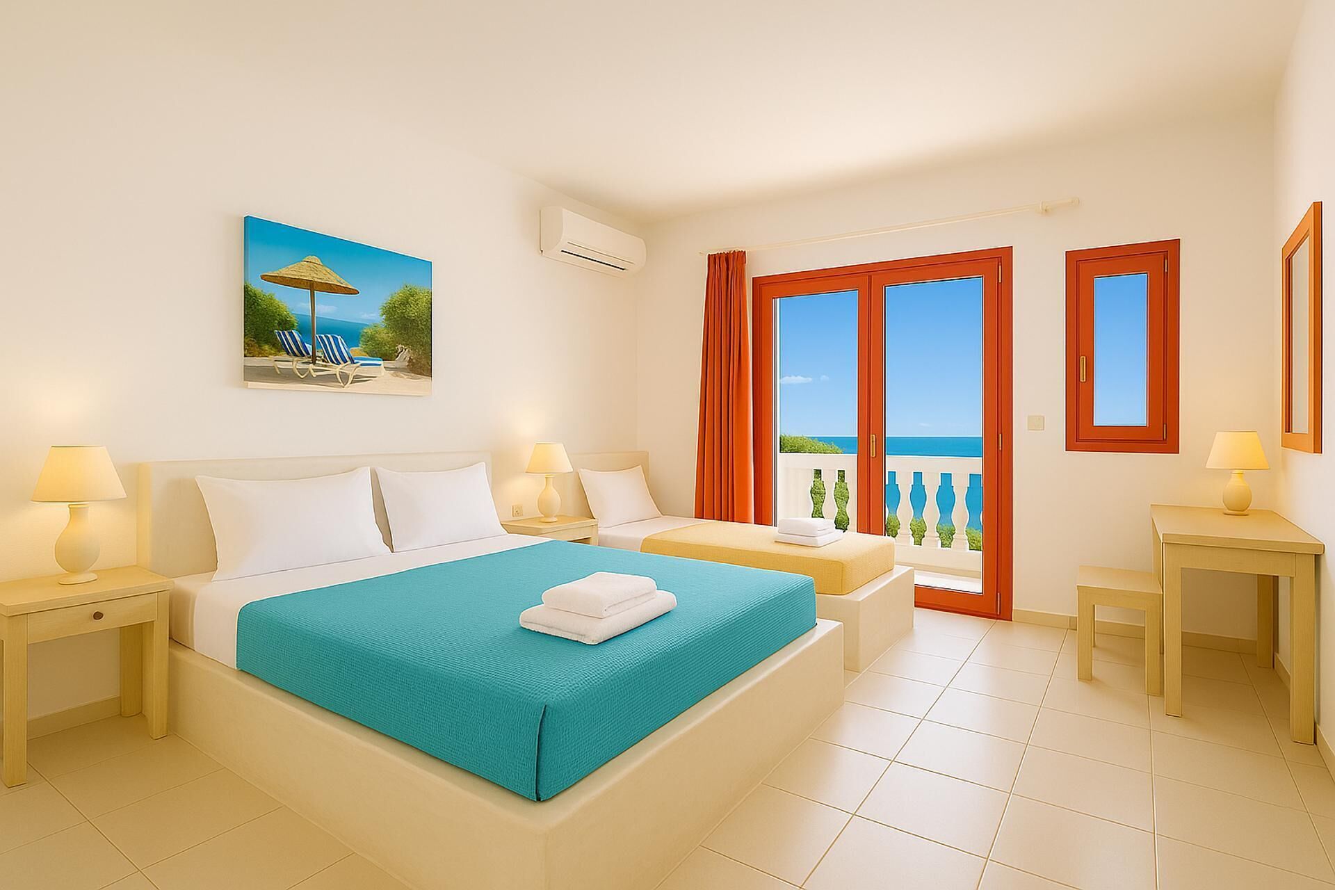 A hotel room with a bed, two bedside tables, a window with curtains, a painting, and a view of the sea.