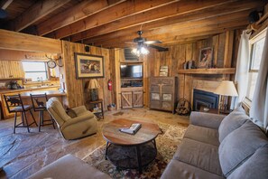 Smart TV, fireplace, DVD player, video library