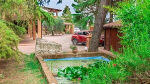 A garden with a pond, potted plants, and a red car parked in the background. - Wonderful private villa for 8 people with WIFI, A/C, TV, patio and panoramic view (Carassai)
