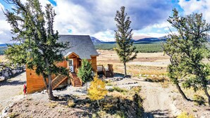 Una cabaña de madera con un porche y una escalera, rodeada de árboles y un paisaje montañoso.