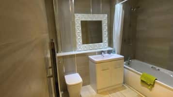 Combined shower/tub, hair dryer, towels, soap