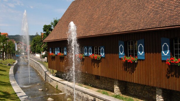 Un bâtiment avec un toit en tuiles, une fontaine et des jardinières.