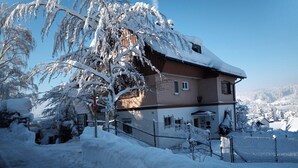 Une maison à deux étages, dont le toit et les environs sont recouverts de neige, avec une clôture et un ciel bleu dégagé.