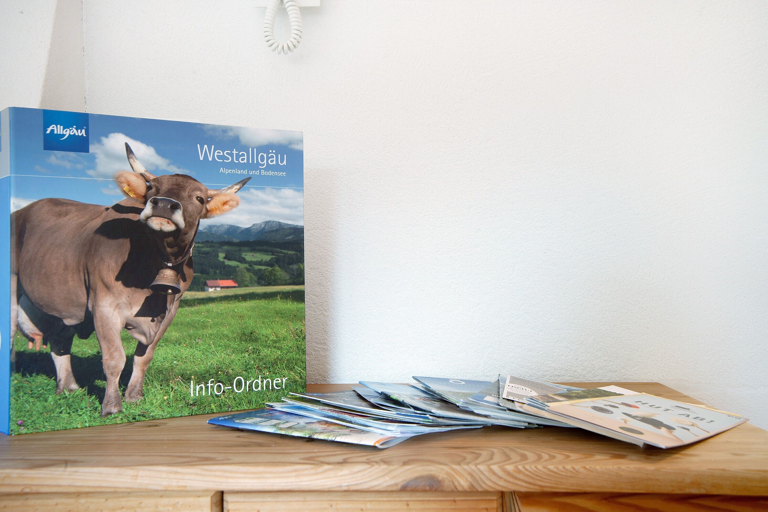 Une brochure intitulée « Westallgäu », dont la couverture représente une vache, est posée sur une table en bois, à côté de plusieurs autres brochures et d’un téléphone.